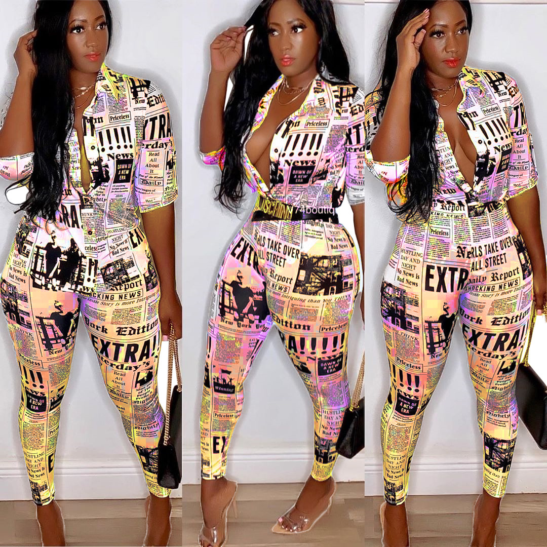 Wholesale-Women's Two Piece Pants Sets Designer Street Newspaper Printed Suit Shorts and Tops Summer 2 Piece Fashion Top Shorts