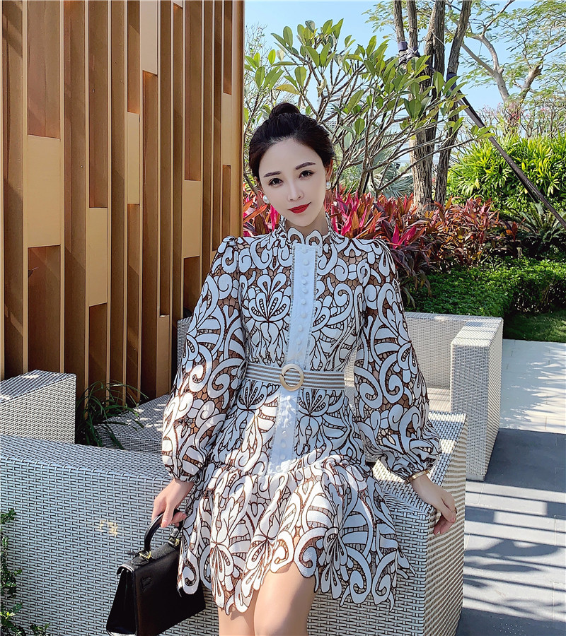 

Green Black Patchwork Lace Dress For Women Dresses O Neck Lantern Long Sleeve High Waist Mini Dresses Female 2021 Autumn Fashion New, Same as picture