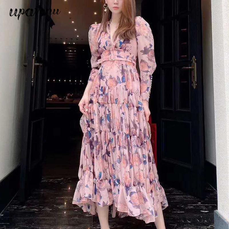

2020 Elegant Women' Printed Dress V-neck Puff Sleeve High Waist Pleated Long Dress Slim Club Party Runway Vestidos, Black
