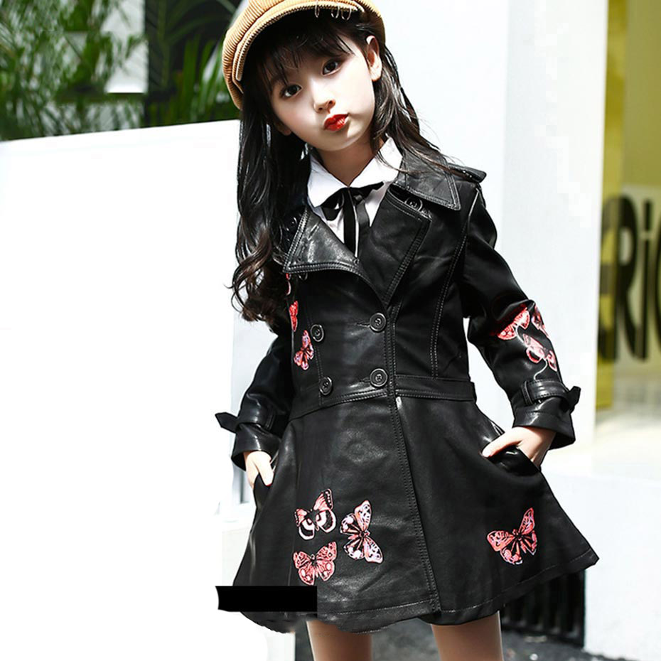 

Jacket For Girls Leather Outerwear Girl Flower Children's Jacket Coat Winter Children's Costumes For Girls 6 8 10 12 14 Year, Black