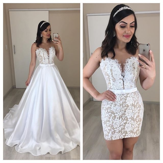 

Two Pieces Wedding Dresses Satin Skirt See Though Back Mordern Country Bridal Wedding Gowns Detachable Skirt Wedding Wear, Ivory