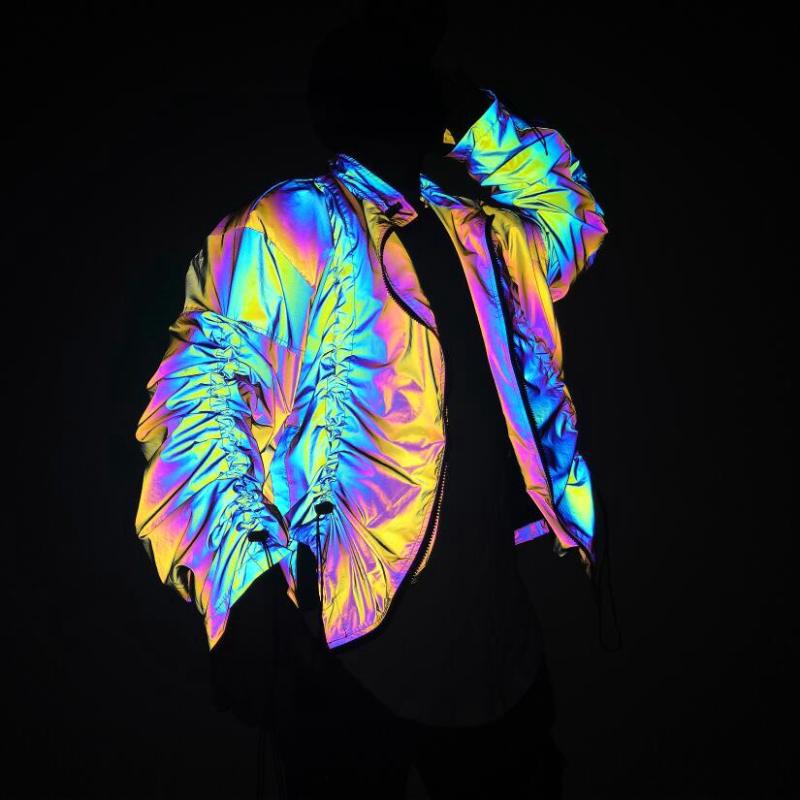 

2020 Men's New Autumn Colorful Reflective Collar Jacket Adolescent Personality Drawstring Folds Hip-Hop Loose Jacket, Gray