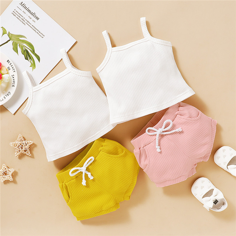 

0-18M Toddler Baby Girl Boy Clothes 2020 New Solid Color Two Pieces Set Ribbed Sling Vest + Pockets Drawstring Shorts 2Pcs Sets, Pink
