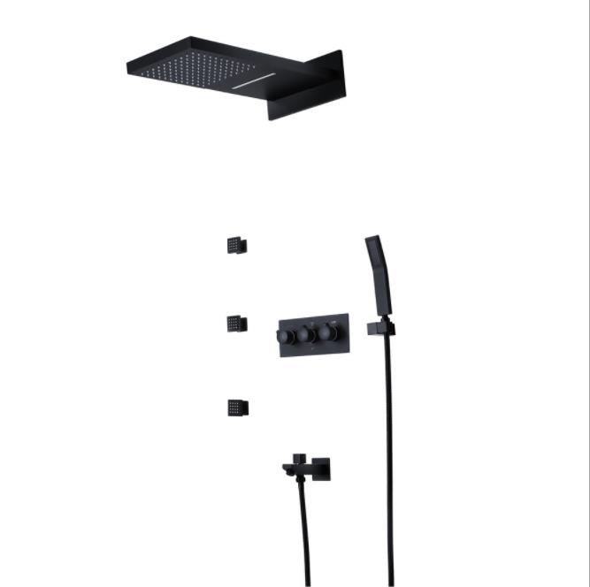 3 Spa Jets Massage Shower System Waterfall Rain Showerhead Wall Mounted Square Shower Panel 4 Function Mixer/ Handheld Shower-image-524516746