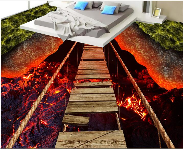 

3d pvc flooring custom photo Self-adhesive wall paper floor Thrilling rope bridge volcanic lava 3d wall murals wallpaper for living room, Customize