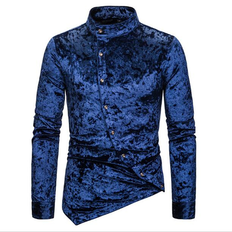 

Autumn New Style Cool Oblique Button Diamond Velvet Irregular Multi-color Henry Collar Top Grade Long-sleeved Shirt MEN' Shirt, Gray
