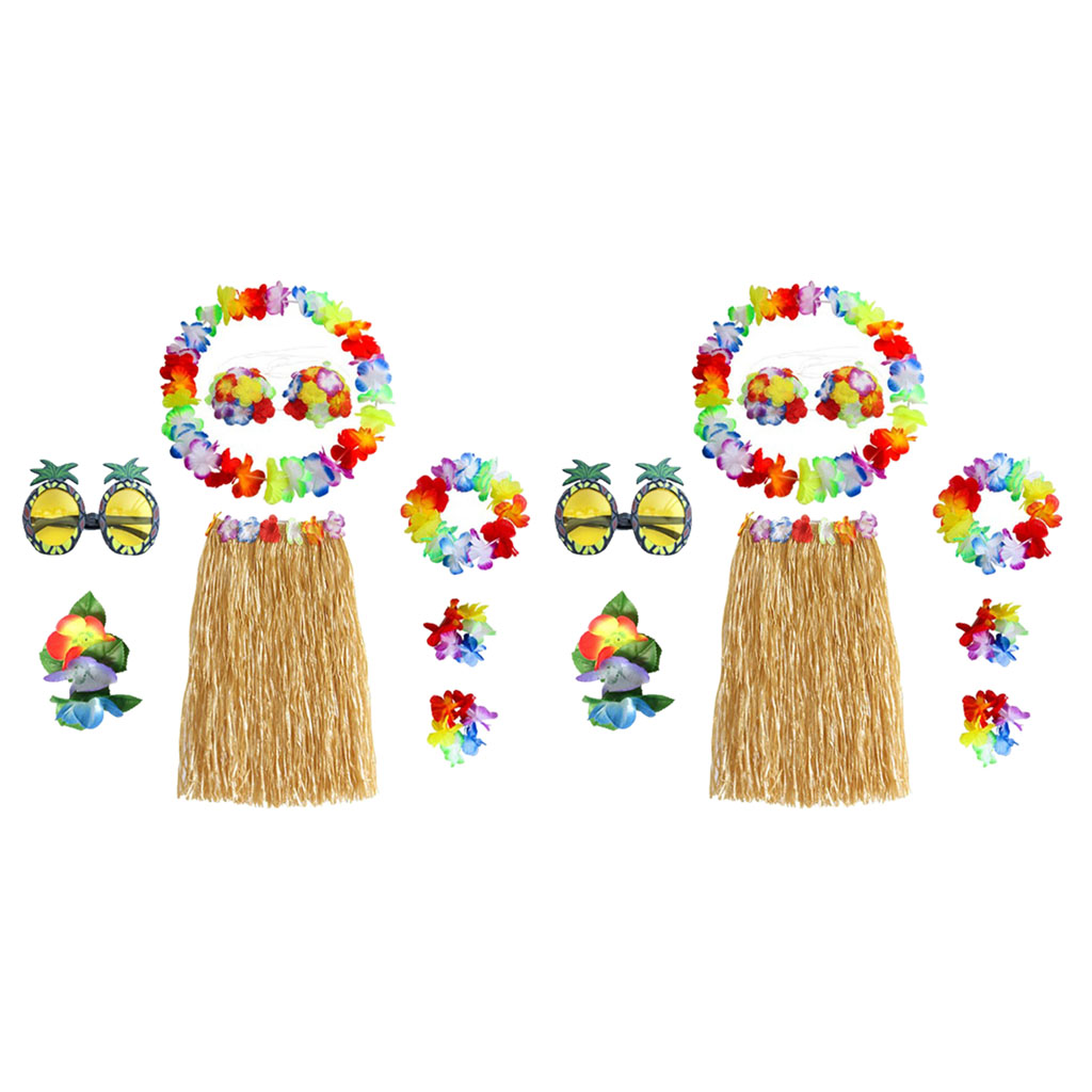 

16pcs hawaiian hula skirt bra necklace luau party beach stretchy costume set, White