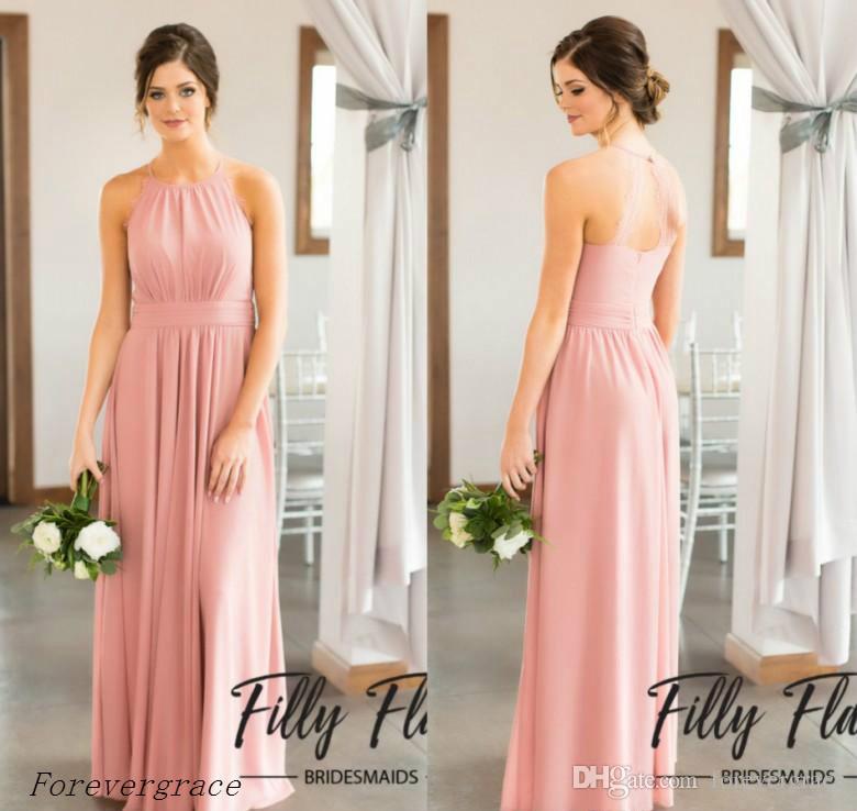 

2019 Chic Summer Beach Bridesmaid Dress Halter Neck A Line Pleats Long Wedding Guest Maid of Honor Gown Plus Size Custom Made