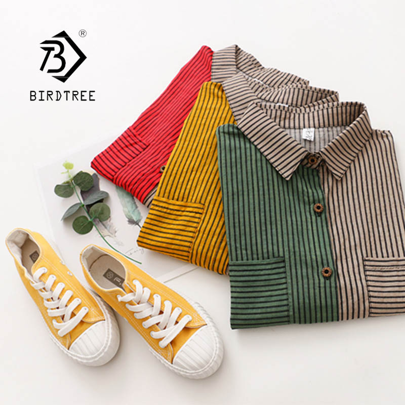 

Summer New Fashion Women Vintage Striped Print Shirt Long Sleeve Loose Chiffon Blouse Casual Tops Feminina Blusa T06605R, Green