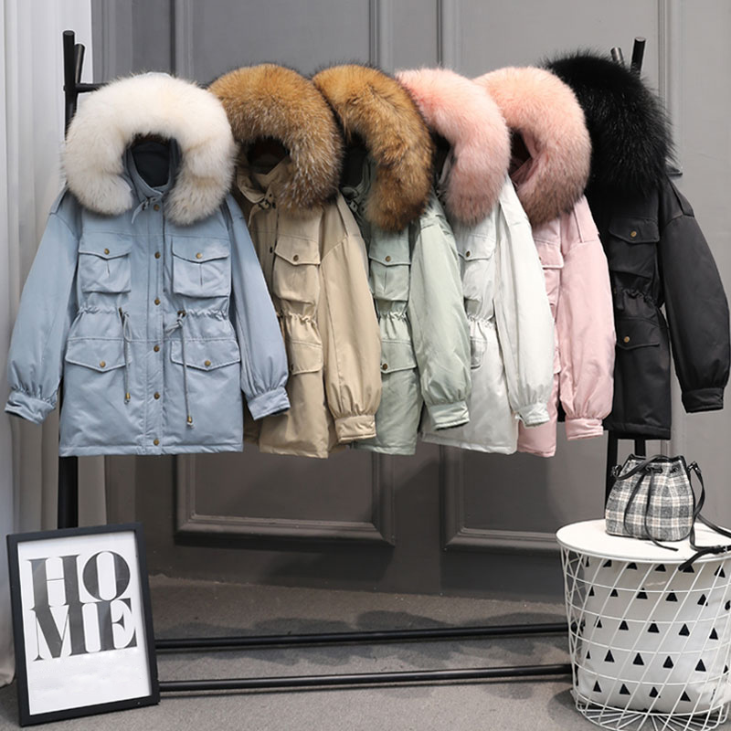 

Real Natural Fur Collar 2019 Women Down Jacket Thick Snow Wear Winter Coat White Duck Down Jacket Female Jackets Long Parka, Black coat black fur