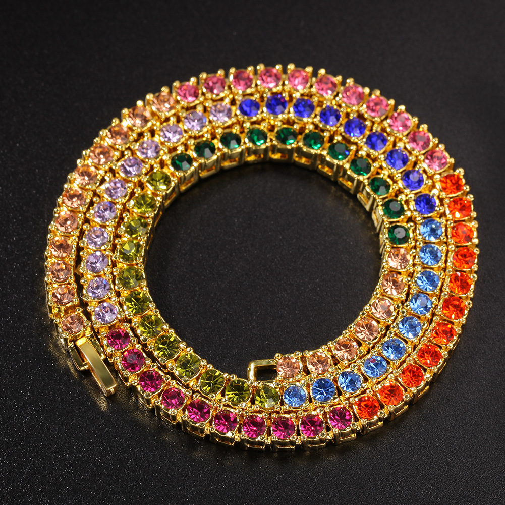 

4MM Colorful crystal 1 Row Tennis Chains For Mens Bling Iced out diamond Hip Hop Gold Silver Choker Necklace Women Rapper Jewelry