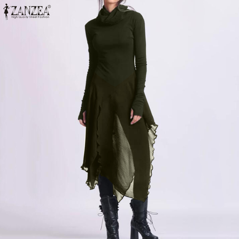 

2020 Spring Long Sleeve Blouse ZANZEA Casual Slim Long Shirts Vestidos Solid Turtleneck Irregular Pullover Women Tunic Tops Robe, Black