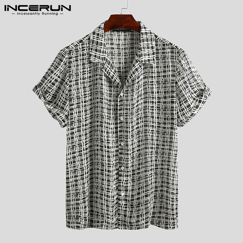 

INCERUN 2020 Men Casual Printed Shirt Breathable Short Sleeve Thin Camisas Streetwear Summer Baggy Lapel Beach Hawaiian Shirts, Black