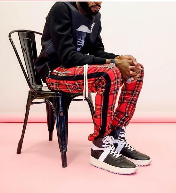 

NEW Fashion Side Stripe Patchwork Elastic Waist Plaid Pants Men High Street Leg Opening Zipper feae of god Men' Pants 08, Red