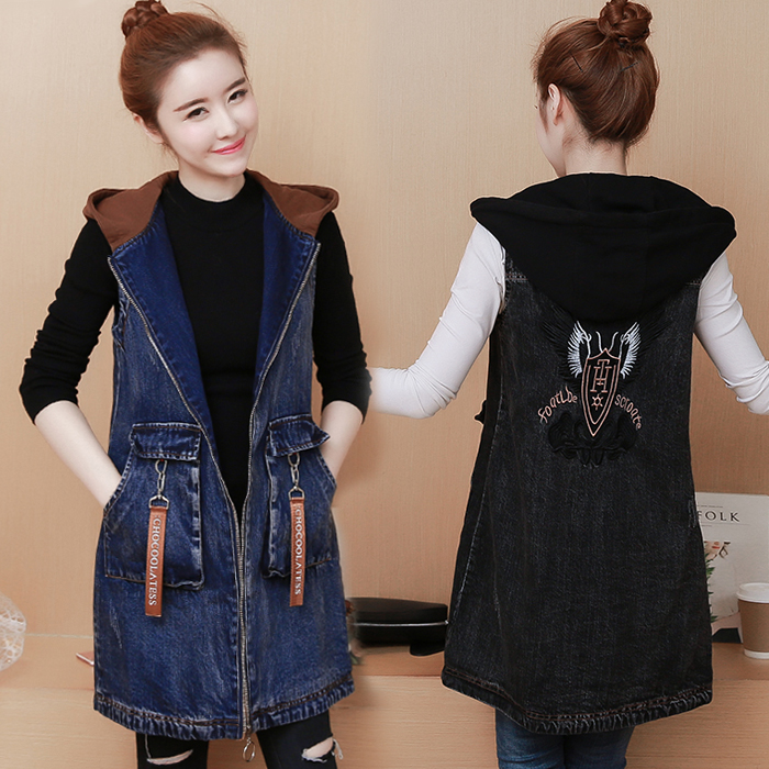 

2020 New Top quality Spring Autumn Women vest plus size embroidered denim Female jacket.Fashion hooded long Sleeveless Waistcoat, Black