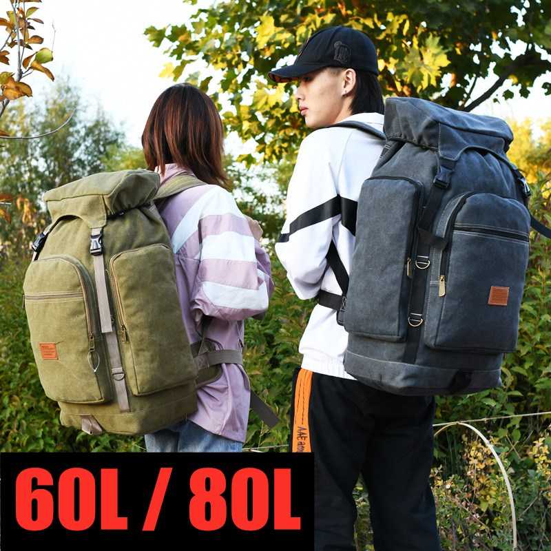 

60L 80L Canvas Wearproof Big Capacity Luggage Bags Outdoor Hiking Travel Backpack Men Women Camping Climbing Leisure Sports Bag, Small black