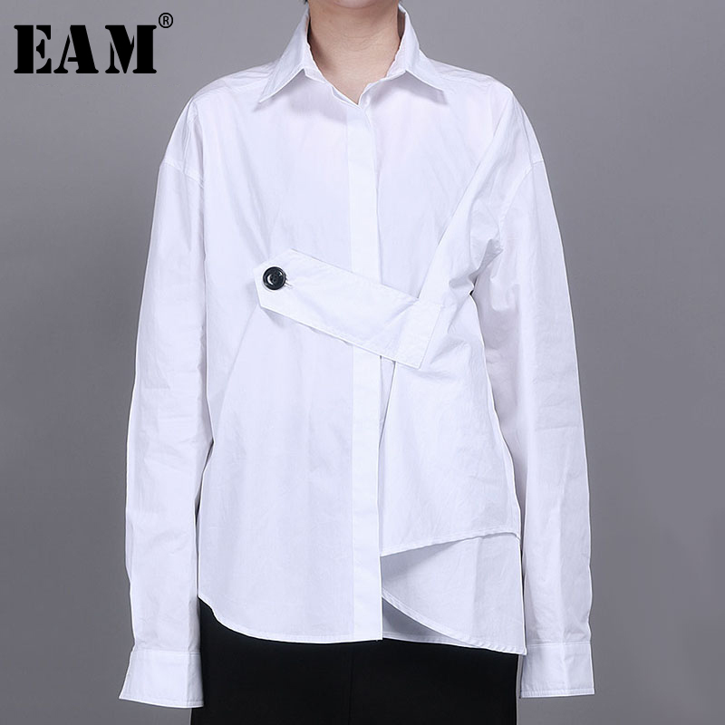 

EAM] Women White Asymmetrical Split Big Size Blouse New Lapel Long Sleeve Loose Fit Shirt Fashion Tide Spring Autumn 2020 1R861