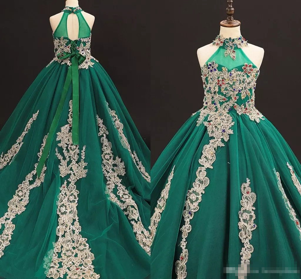 Robes de concours vert élégant 2024 Crystaux d'appliques perlées à col haut | Robe de fille de fleur