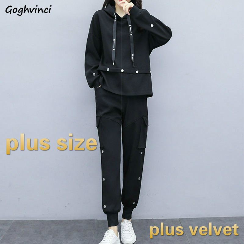 

Sets Women Plus Size Thickening Buttons Pullovers Hooded Tops Korean Cargo Pants Pockets New Casual Vintage Womens Two Piece Set, Black