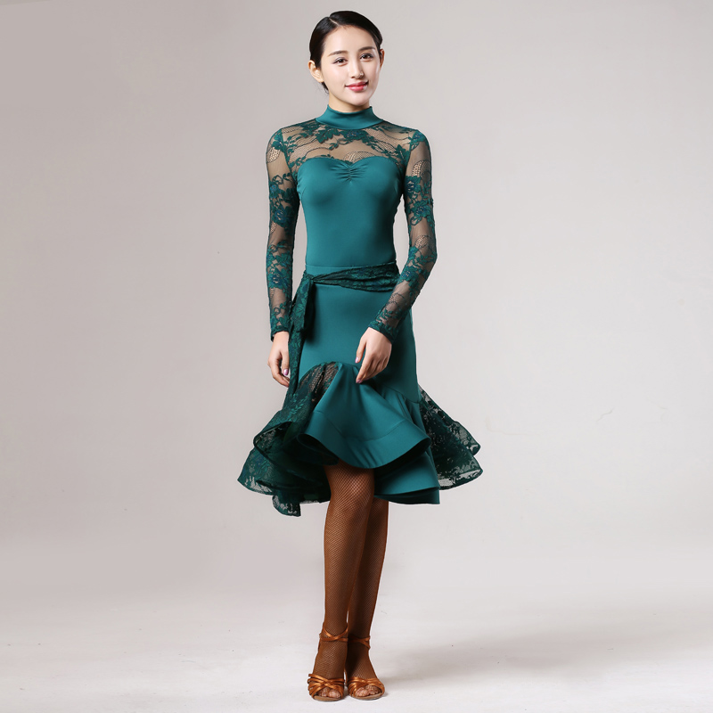 

Latin Dance Dress Women Latin Salsa Dance Competition Dresses Samba Costumes Lace Skirt 2pcs Set D0605 Red Green Colors Big Ruffled Hem