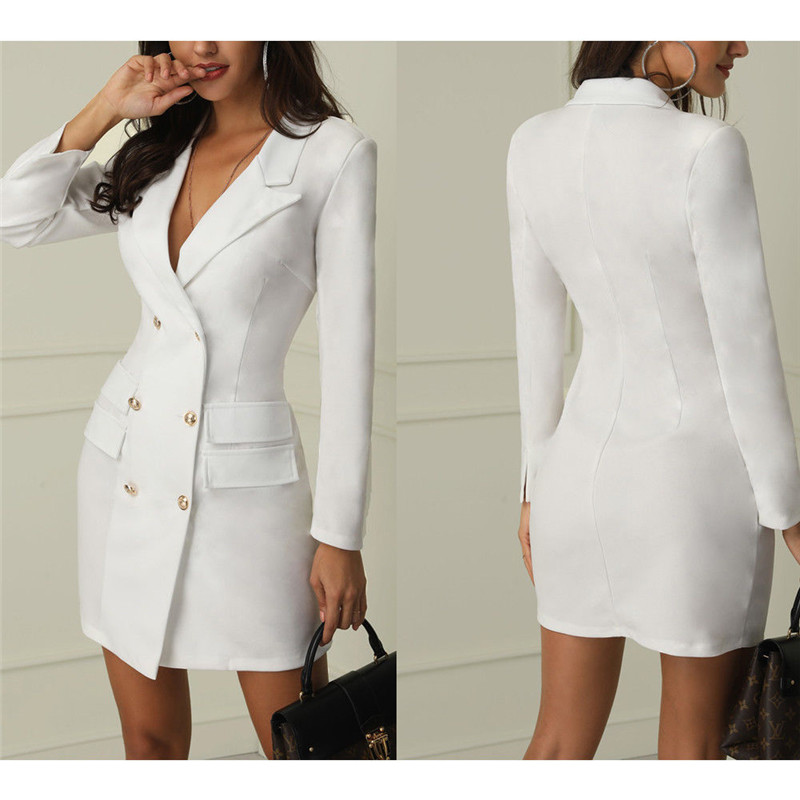 

Spring Autumn Suit Blazer Women Casual Double Breasted Pocket Women Long Jackets Elegant Long Sleeve Slim Formal Outerwear 2020 new, White