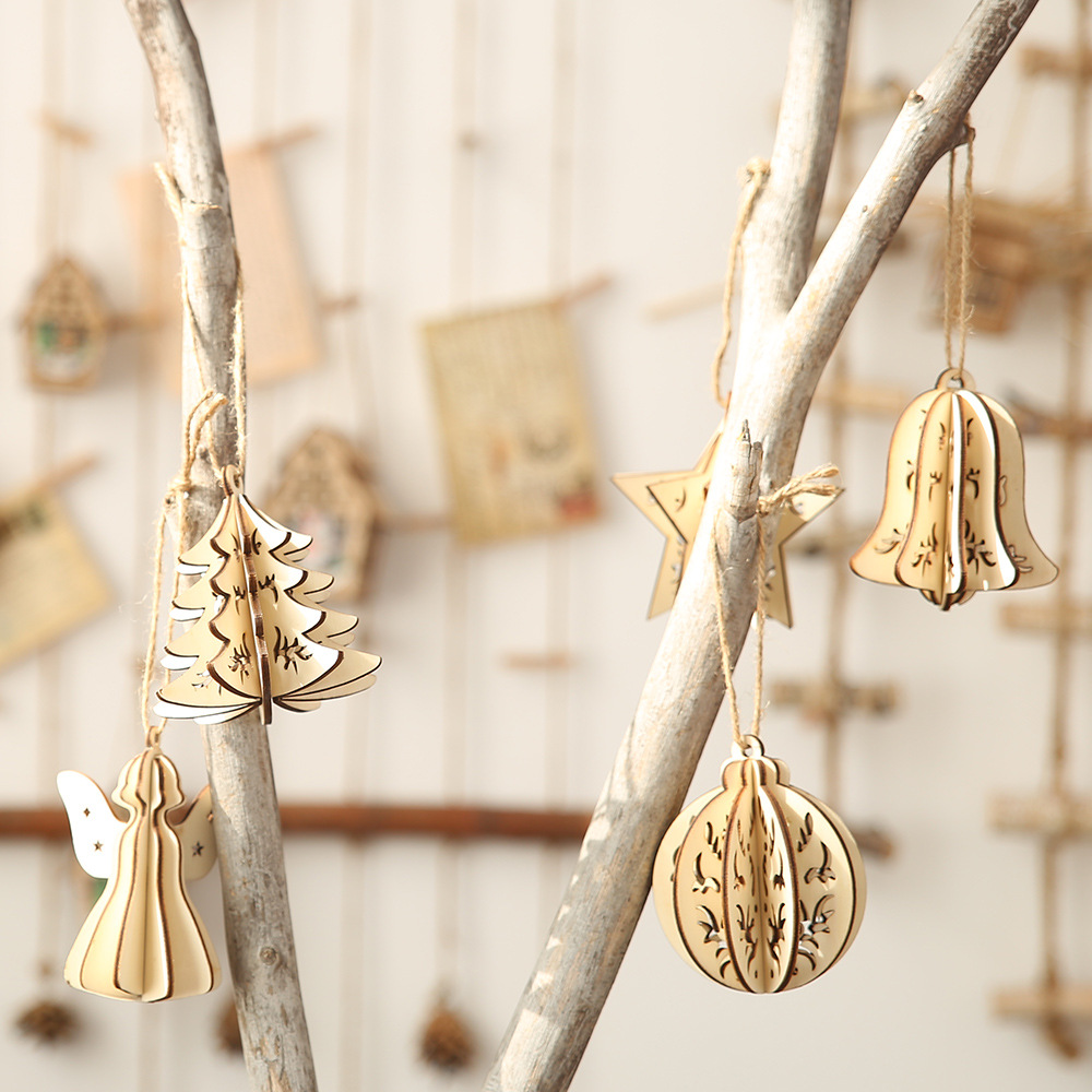 

5PCS Wood Slices Splicing DIY 3D Christmas Pendants With Hang String For Xmas Tree Or Home Indoor Decorations