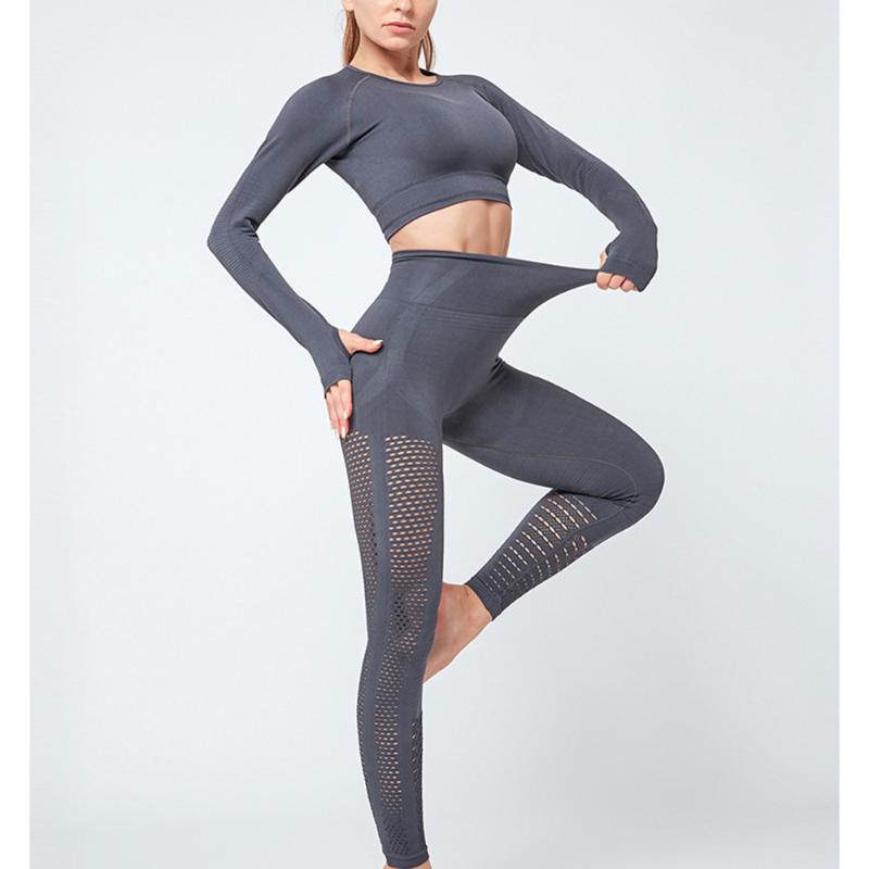 

Women Yoga Crop Top Leggings 2pcs New Seamless Yoga Set GYM Cloth Long Sleeve Shirts High Waist Running Workout Pants Shirt, Black