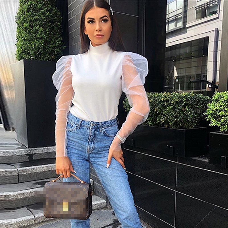 

Fashion Women Sheer Mesh Vintage Blouses Turtle Neck High Street Hipsters Vogue Blouse See through Long Sleeve Party Club Shirt, Black