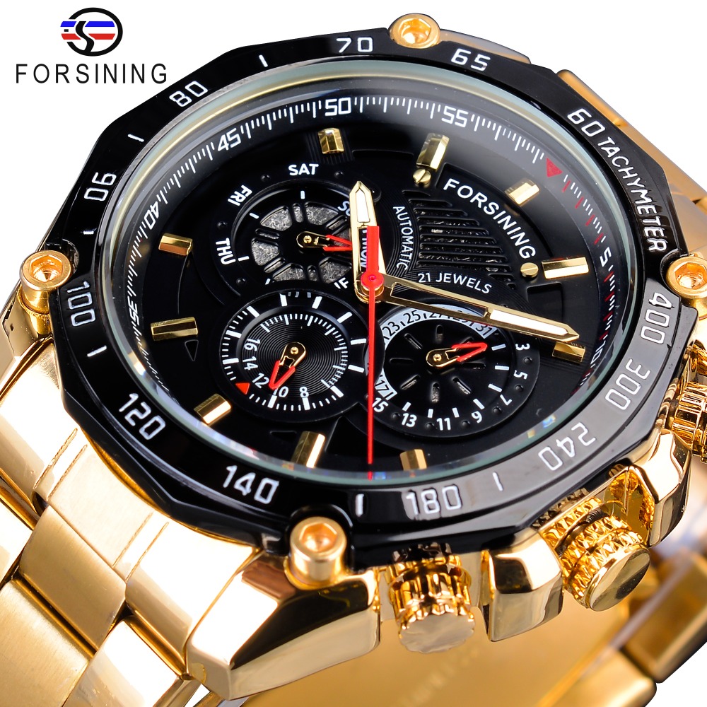 

Forsining Golden Stainless Steel Three Dial Design Mens Racing Sport Automatic Wrist Watches Top Brand Luxury Relogio Mechanical, Black