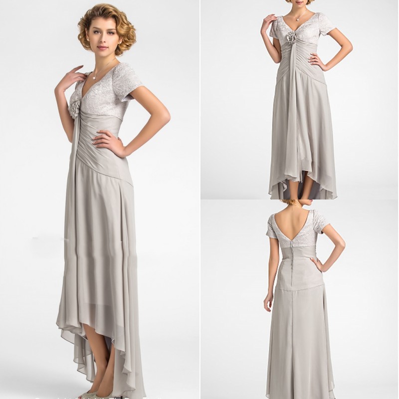 

Cheap A Line Wedding Dresses Short Sleeve Tulle Chiffon Applique Hand Made Flower Princess Gown V Neck Hi Lo Bridal Gowns