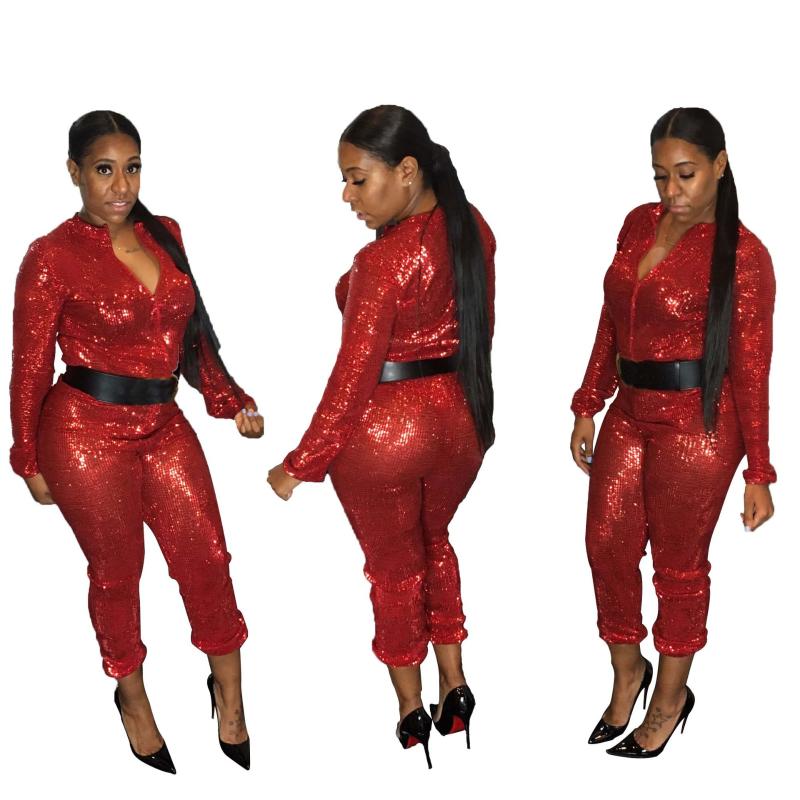 

Sequin Woman Jumpsuit Bling Overalls Sexy and Club Playsuit Woman Long Sleeve Women Jumpsuit, Red