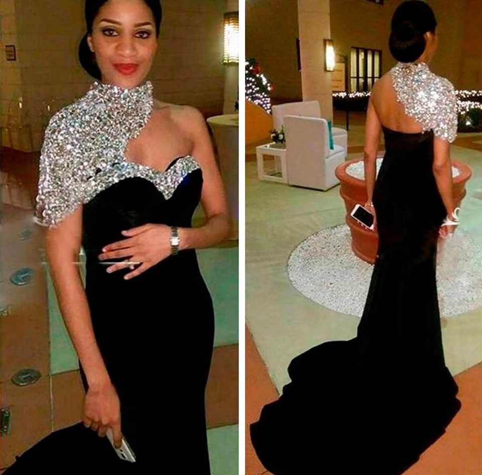 Bling Bling Elegant Black Long Mermaid Evening Dresses High Neck Crystal Beaded Short Sleeves Women Crystal Beaded Formal Prom Gowns