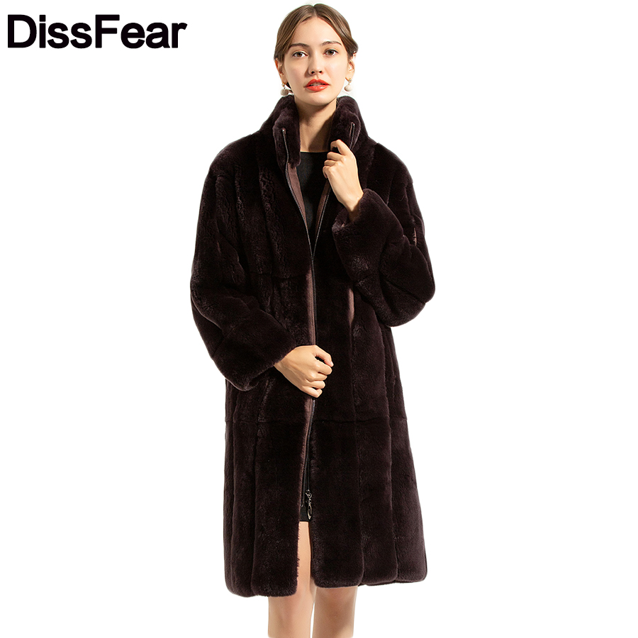 

Fashion Rex Fur Women Coat Stand Collar Overcoat Jacket Warm Winter Women Clothing Natural Fur Female Coat Jacket, Black