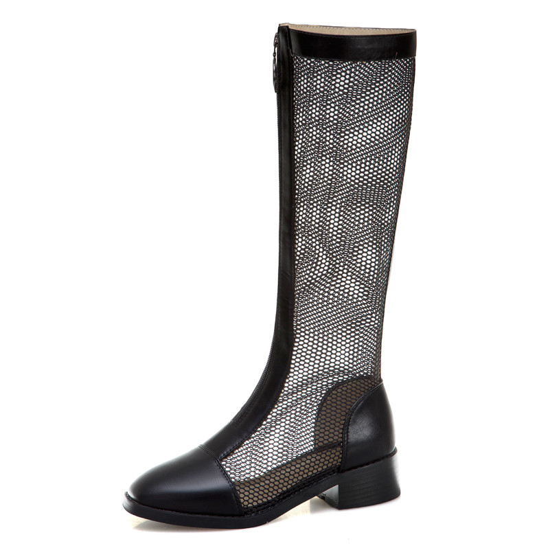 

Summer Knee High Boots Women Mesh Cutout Square Heels Long Boots Zipper Square Toe Shoes Female Spring Plus Size 33-43, White