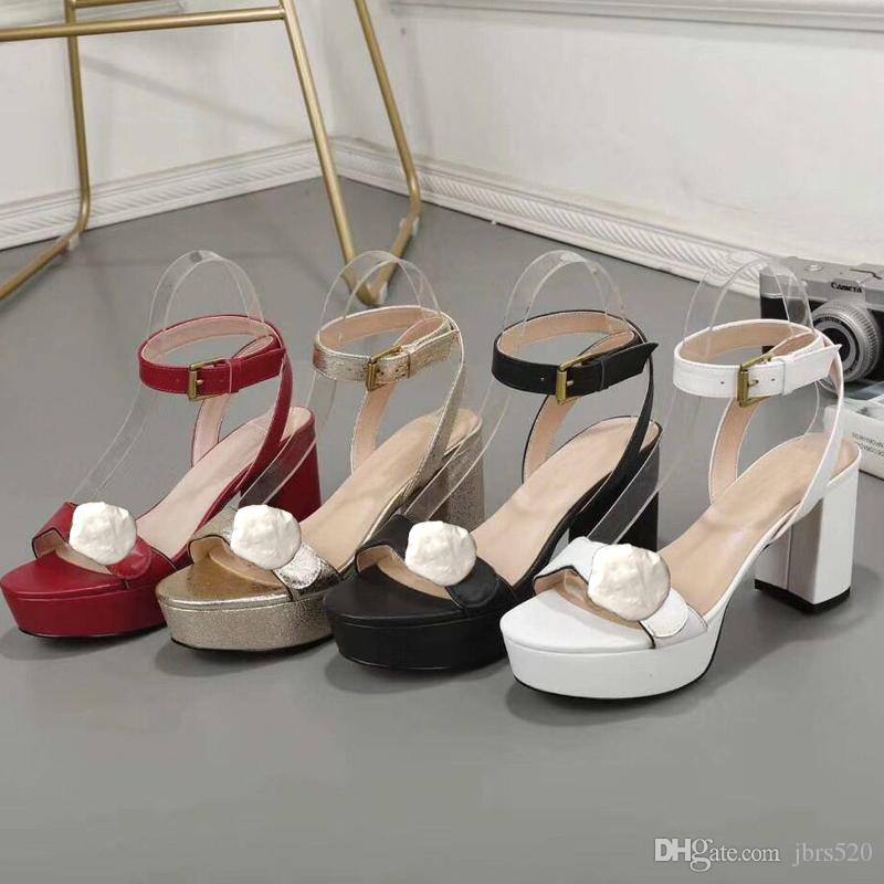 Designer High heeled sandals Leather Waterproof platform rough heel leather fashion woman shoes Metal buckle parties luxury Sexy sandals 42