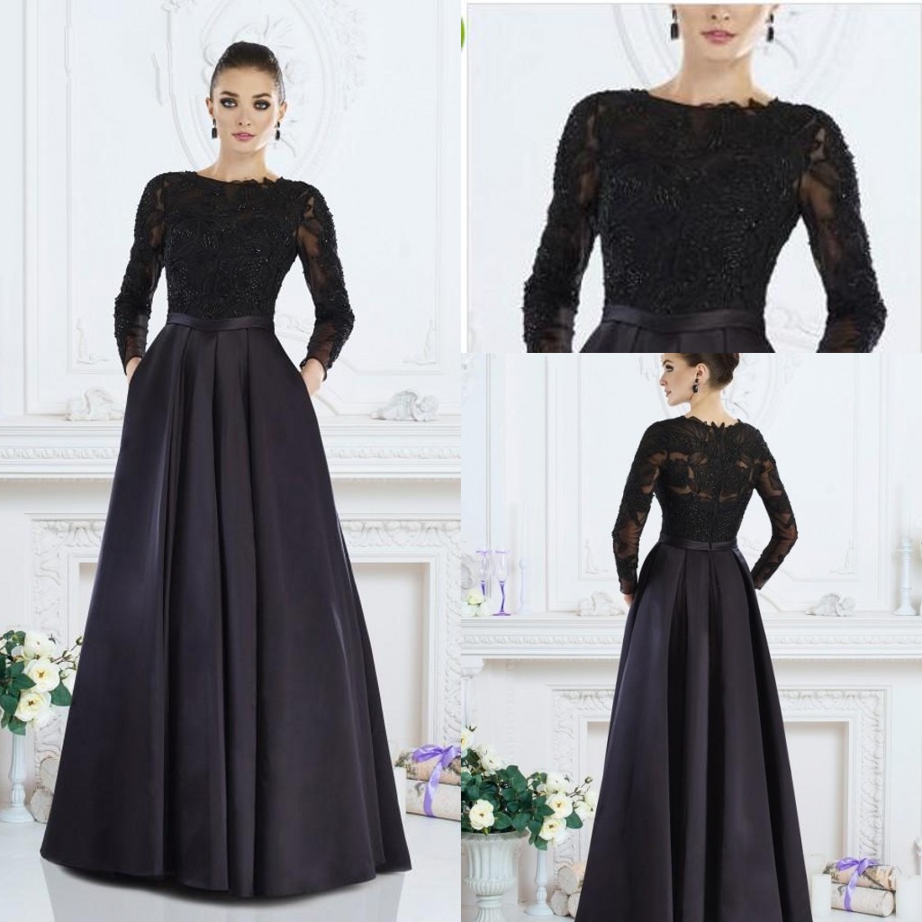 Black Long Sleeve Mother Of The Bride Dresses 2019 Jewel Neck Applique Satin Plus Size Wedding Guest Dress Evening Wear Formal Party Gowns