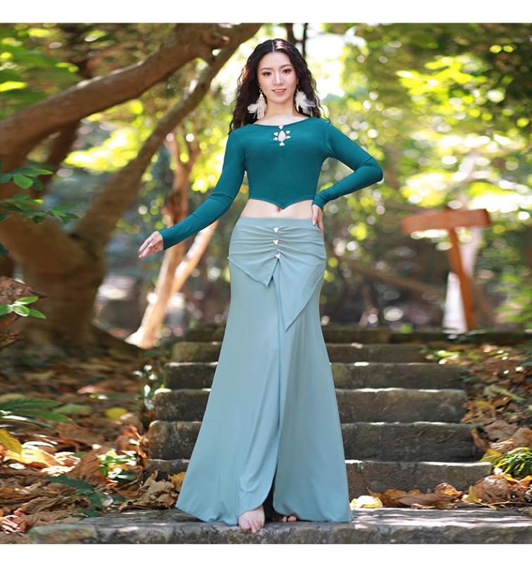 

2 Pcs/Suits Belly Dance Costumes Long Sleeves Top+Sexy Skirt Bollywood Dancewear Professional Oriental Dress Adult & Women E0025, Light green