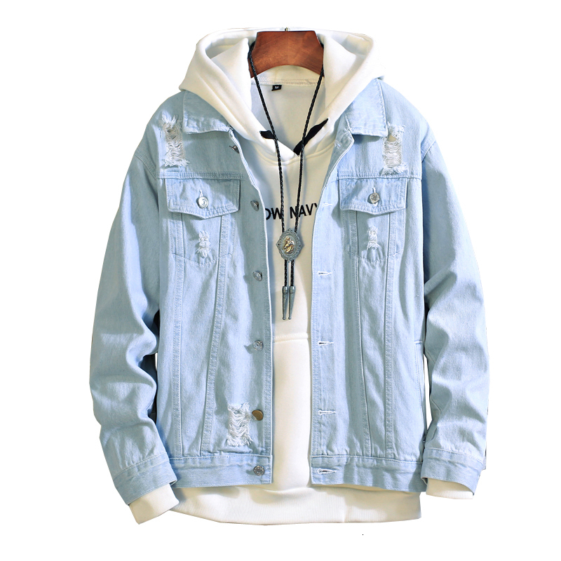 

New 2019 men jeans jacket mens Bomber Jackets Men hip hop Man Vintage Denim Jacket coat Streetwear Chaqueta Hombre  XL XXL LY191206, Light blue