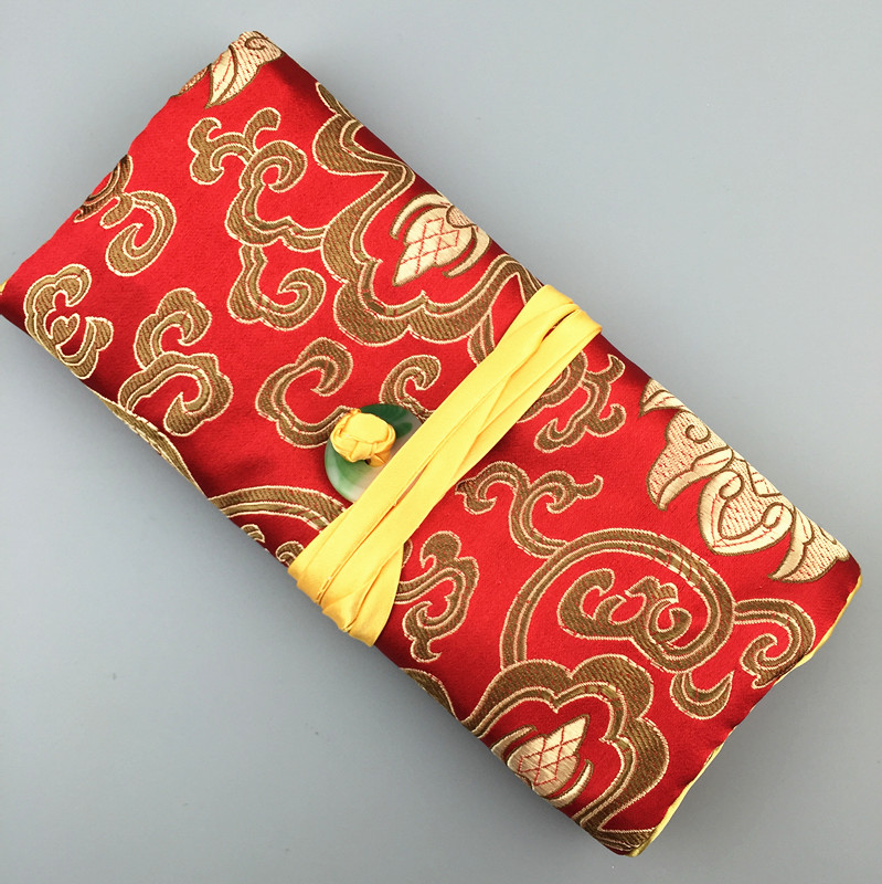 Jade Flower Silk Brocade Roll Jewelry Cosmetic Storage Bag Foldable 3 Zipper Drawstring Pouch Cotton Filled Women Makeup Bags Party Favor-image-411970171