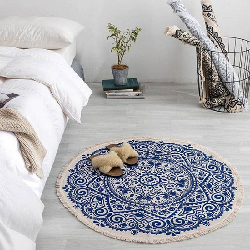 

Morocco Round Carpet Bedroom Boho Style Tassel Cotton Rug Hand Woven National Classic Tapestry Sofa Cushion Tatami Floor Mats, Black