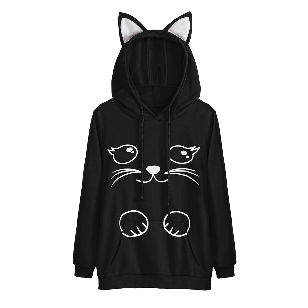 

CHAMSGEND sweatshirts with Cat ears Hoodies Cat Print Sweatshirt Autumn 2019 Long Sleeve Black Casual Pullover Hooded HoodieF721