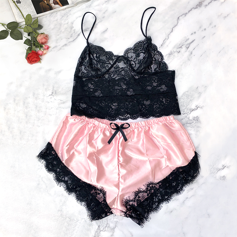

2pcs Sexy Lace Lingerie Bra & Bow Panties Underwear Set Cut-Out Mujer Sleepwear Female Pijama Set Women Nightie Home Clothes, 5001-black-5000black