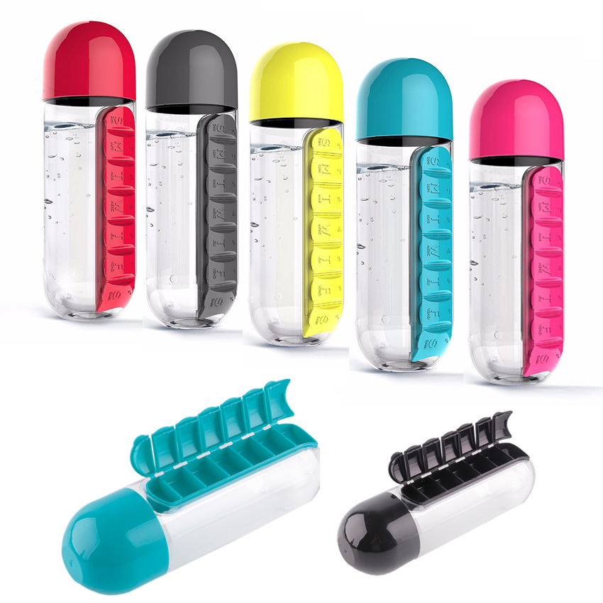 

600ml Sports Water Bottle Bpa Free Tritan Plastic Garrafa Convenient With Daily Pill Box Organizer Drinking Tour Hiking Cup