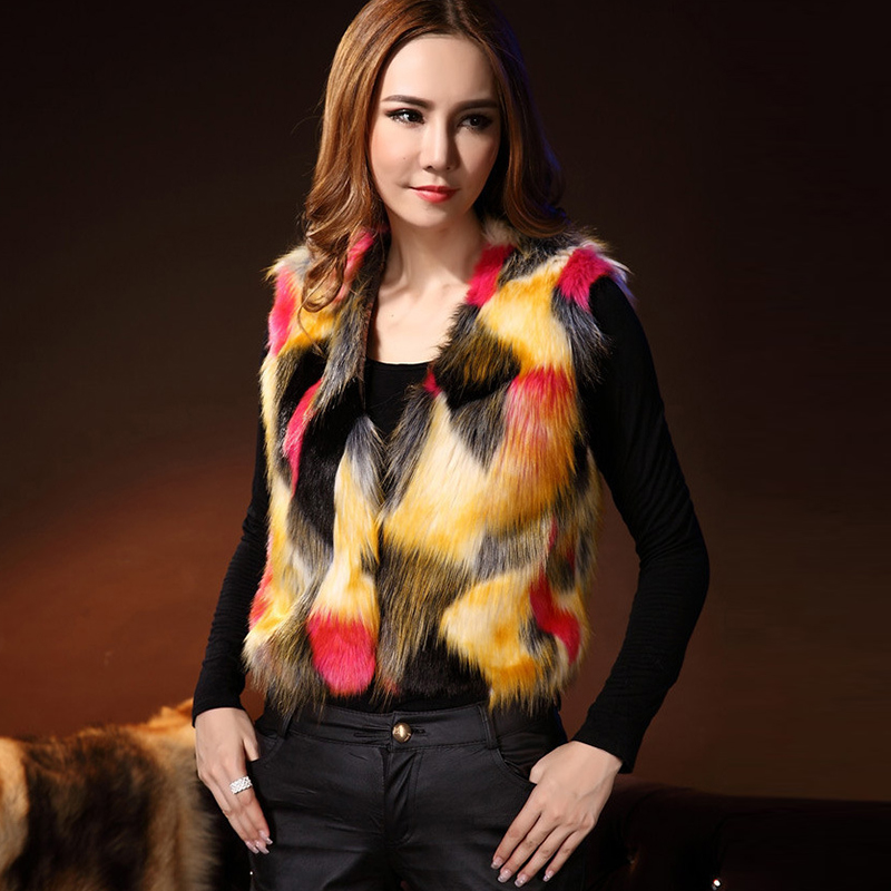 

New Women Colorful Faux Fur Vest Patchwork Gradual Color Fashion Slim Sleeveless Fur Vest Female Jacket Coat PC022, Yellow red