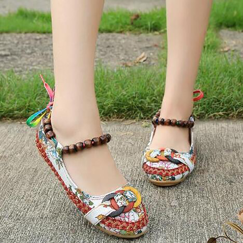 

2019 fashion women flat casual shoes beaded ankle straps slope heel retro ethnic embroidered cloth shoes, Black