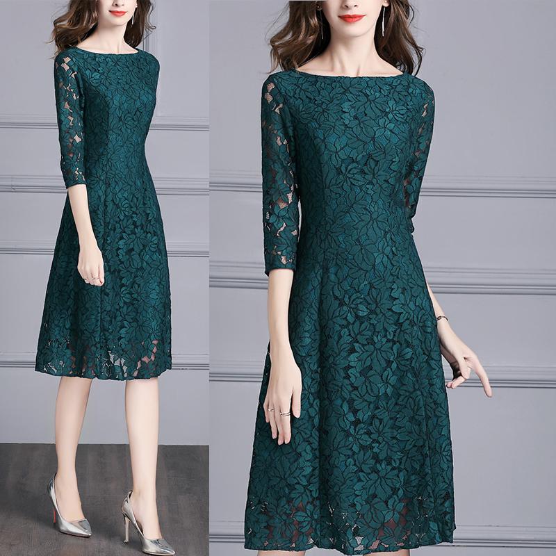 

Spring Fall Women Office Ladies Green Elegant Lace Dress , Autumn Female Womens 3/4 Sleeve 4xl 3xl Slim Long Dress, As pic
