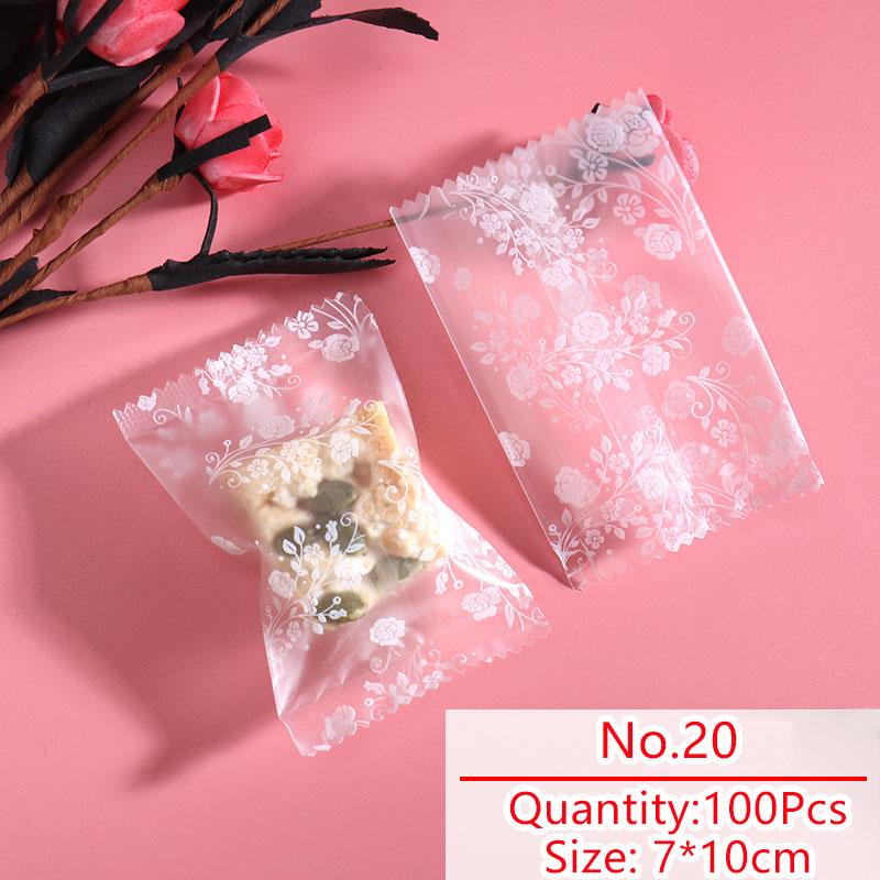 

100pcs/lot Candy Bag Cookies Pack Transparent White Flowers Pattern Candy Wrapper Homemade Nougat Party Snack Packing Bags