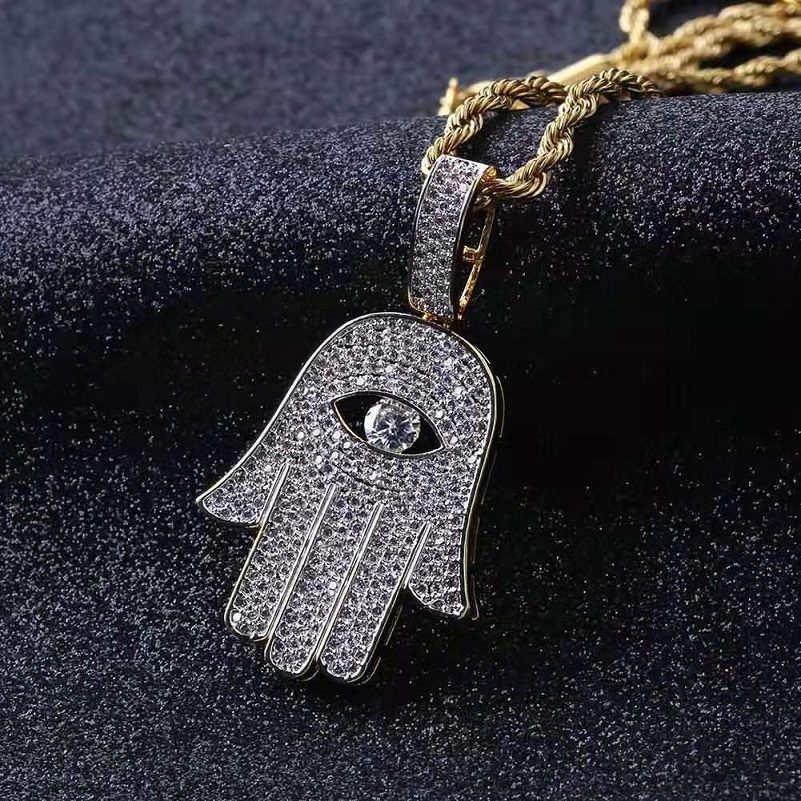 

iced out Hamsa pendant necklace for men luxury designer mens bling diamond Hand of Fatima pendants hip hop 18k gold plated lucky jewelry