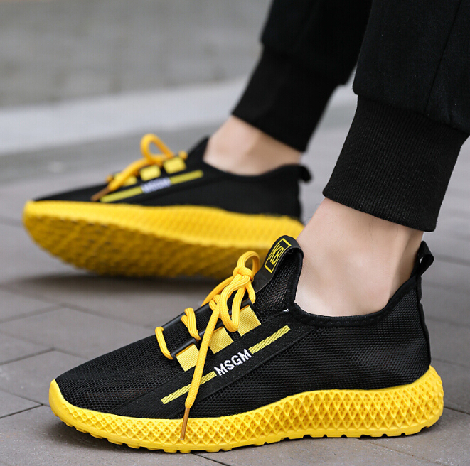 

2019 spring and summer new men's single shoes real flying woven breathable mesh Korean casual running shoes, Yellow