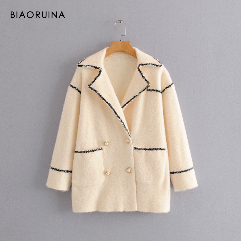 

BIAORUINA Women's Fashion Double Breasted Ribbons Tassels Patchwork Faux Fur Coat Turn-down Collar High Street Outerwear, Beige